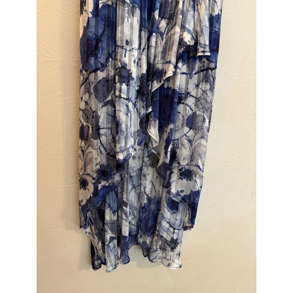 Lulus Blue Floral High Low Maxi Dress Pleated Metallic Stripe Surplice Size L - Picture 6 of 9